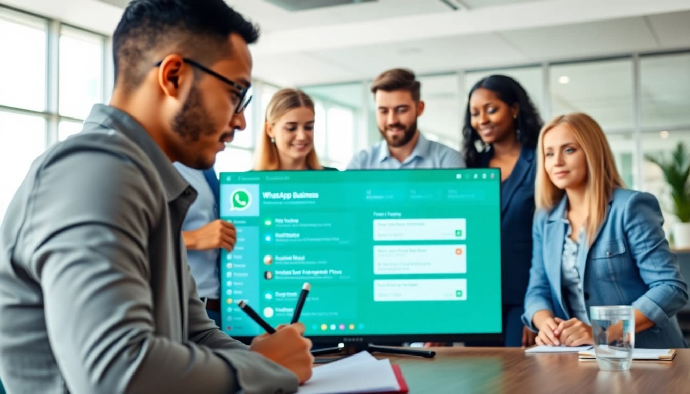 Engaging professionals collaborating on the WhatsApp Business CRM interface in a modern office.
