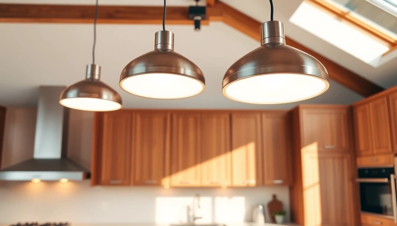Stylish island light fixtures illuminate a modern kitchen island with warm wooden cabinetry.