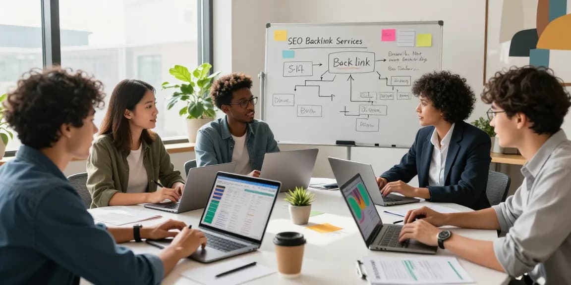 Dynamic team collaborating on SEO backlink services strategies in a modern marketing office.