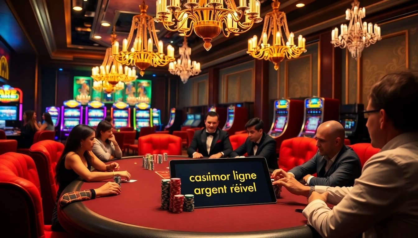 Découvrez l'excitation du casino en ligne argent réel à une table de poker animée, entourée d'excitation.
