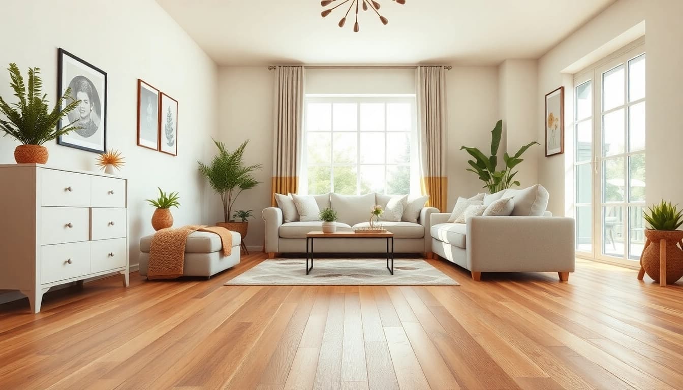 Transform your space with cheap vinyl flooring, showcasing a cozy living room with warm colors and inviting décor.