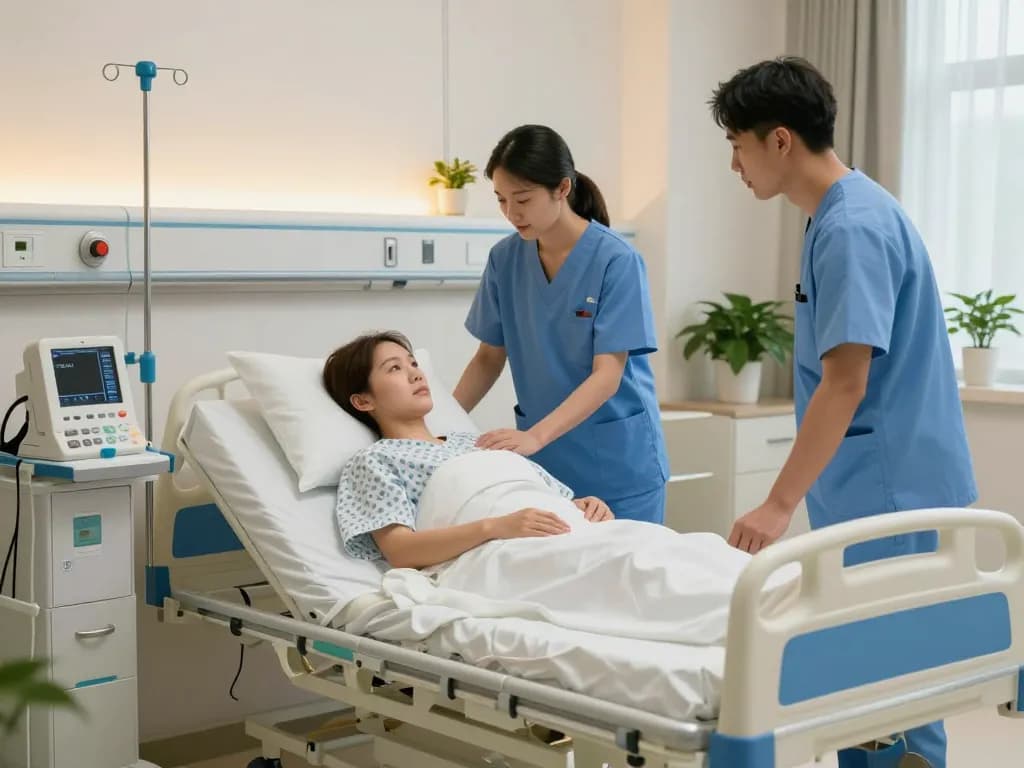 Comfortable patient bed (giường bệnh nhân) in a modern healthcare setting with attentive medical staff.