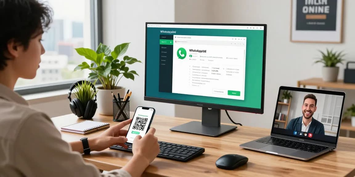 User accessing WhatsApp電腦版 in a modern home office setting.