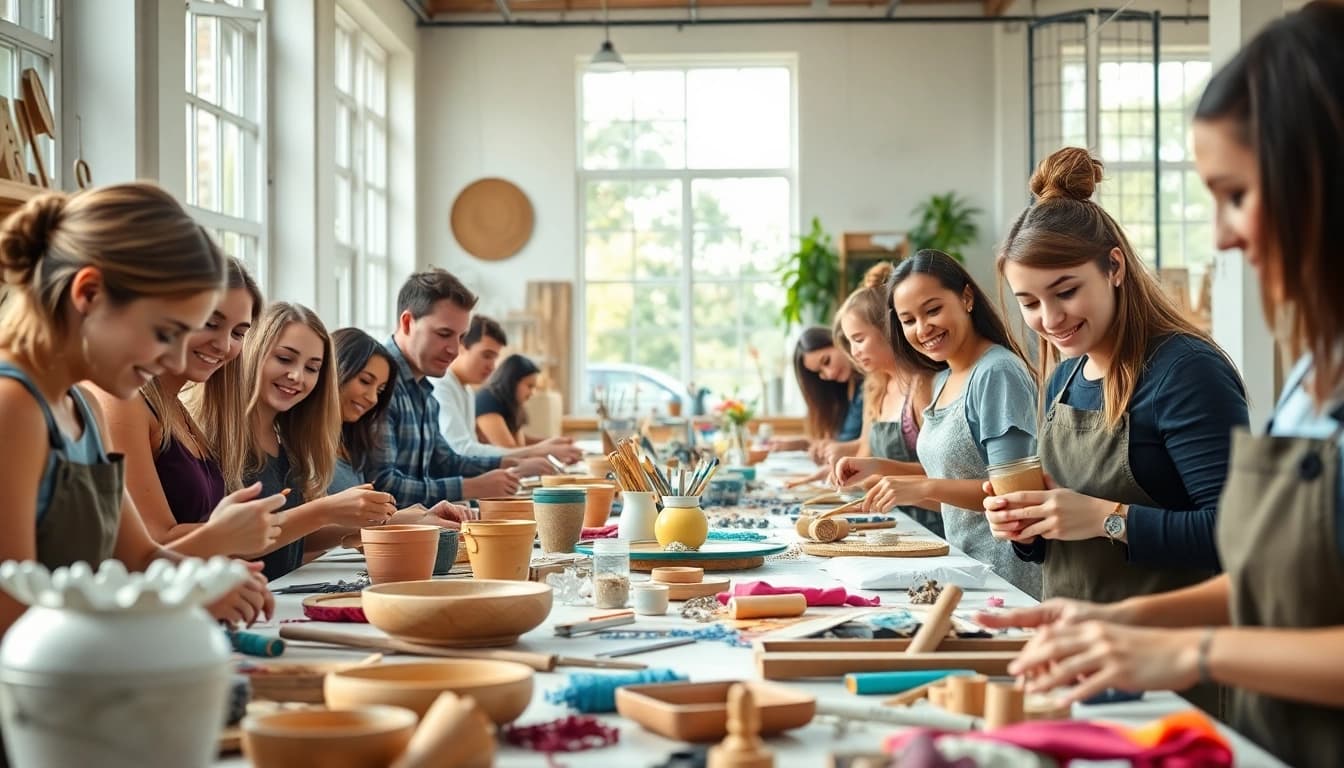 Engaging in craft training programs with diverse participants working on various projects in a bright, collaborative space.