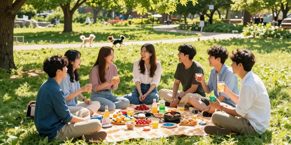 달토를 즐기는 친구들이 소풍을 하는 모습, 행복한 분위기