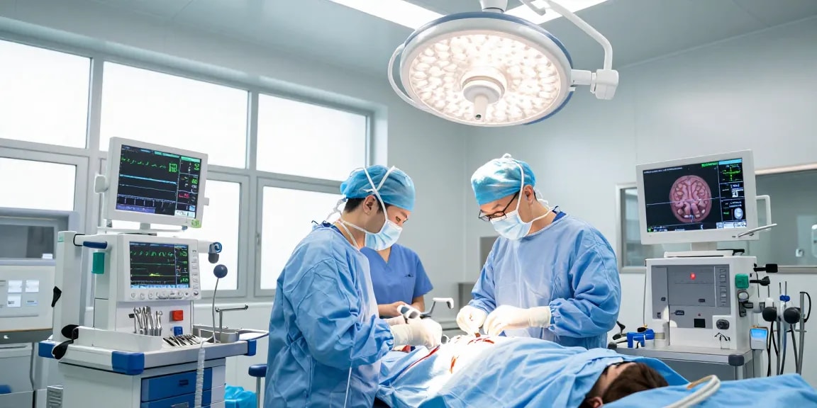 Beyin tümörü ameliyatı in a bright surgical room with a focused team and advanced equipment.