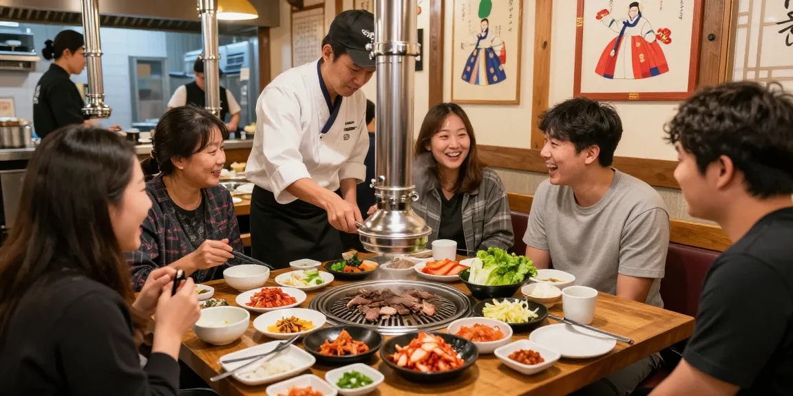 상봉동 한국관 restaurant scene with customers enjoying Korean dishes, highlighting vibrant atmosphere and cultural dining experience.