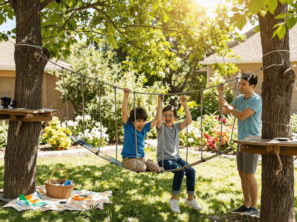 Child and adult constructing a rope bridge in a garden, showcasing creativity and teamwork.