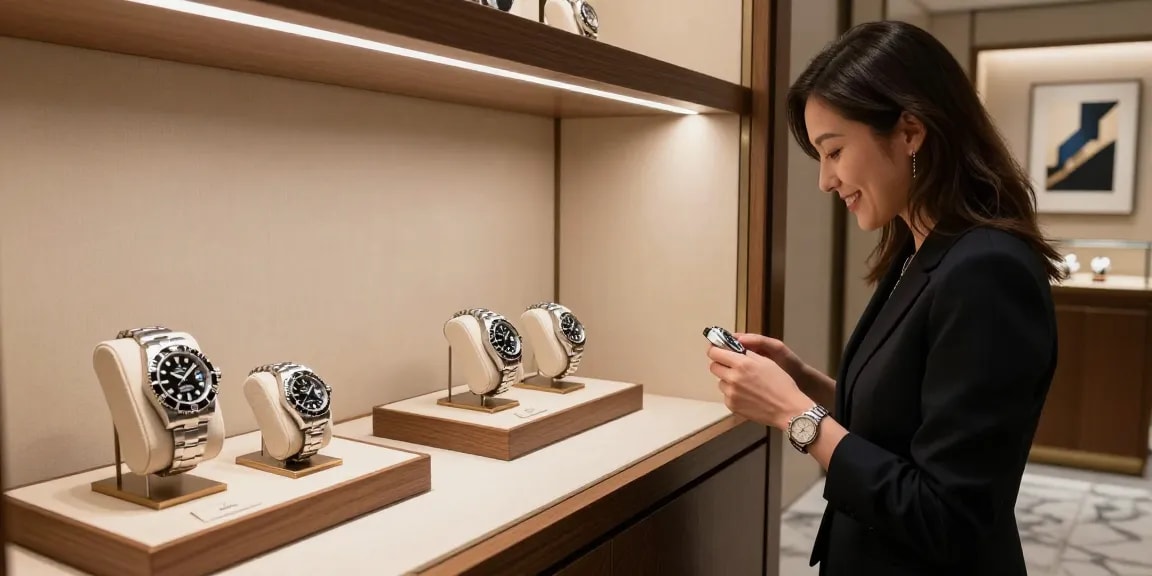 Showcase of exquisite rolex replica watches in a luxury showroom, emphasizing quality and elegance.