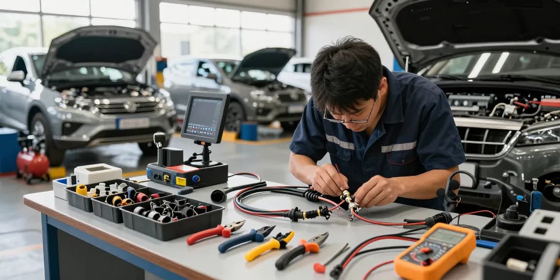 Technician inspecting automotive electrical connectors in an automotive workshop, ensuring reliability and safety.