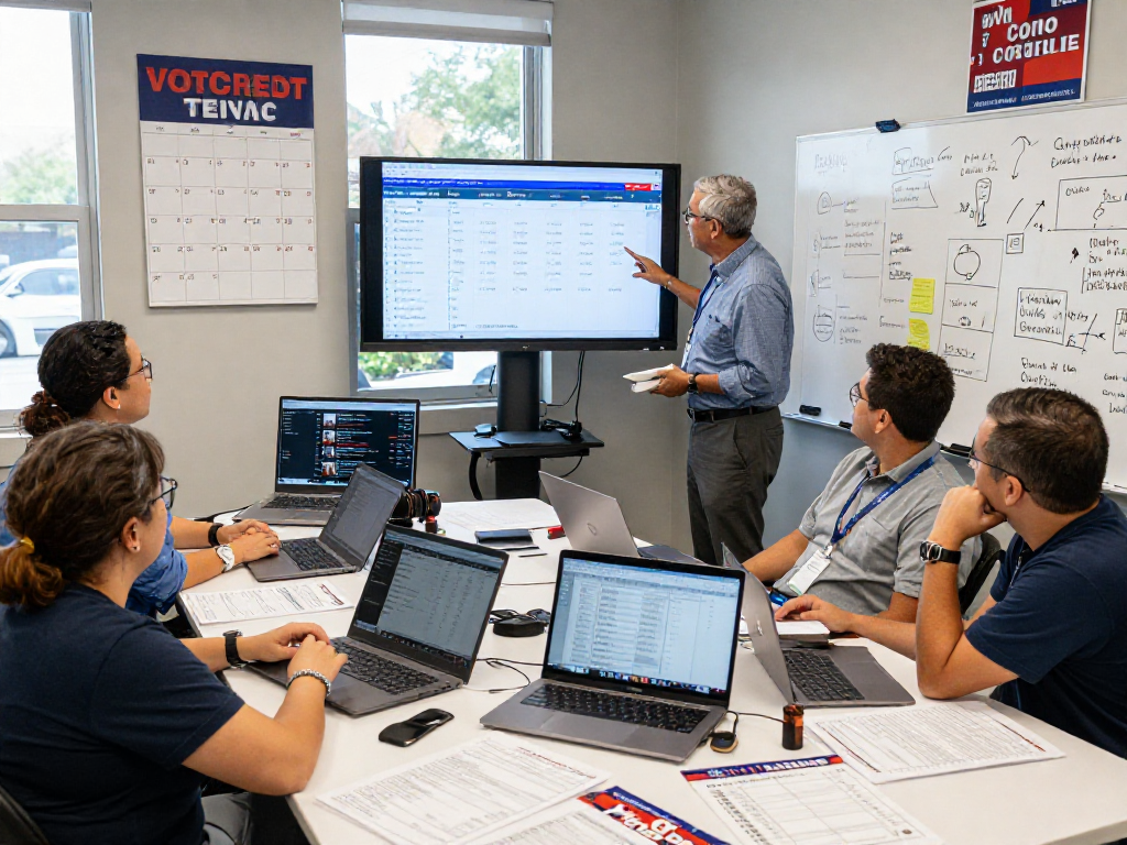 Political direct mail services in action at a campaign office, showcasing teamwork and data analysis.