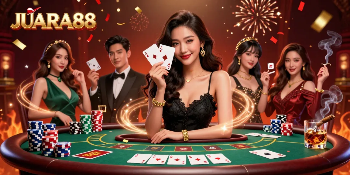 Spark fortune at JUARA88, showcasing an elegant Asian woman holding aces in a vibrant casino scene.