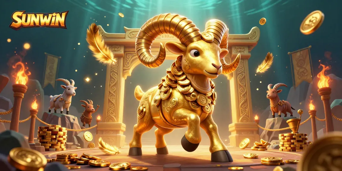 Experience thrilling wins at SUNWIN with a dynamic scene of a golden ram charging through a vibrant casino atmosphere.