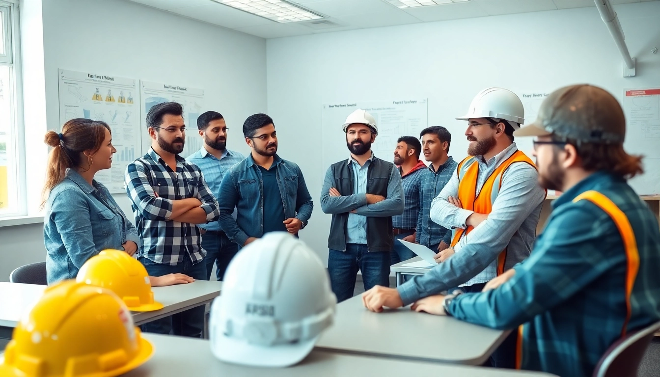 Engaged group in construction safety classes reviewing safety protocols in a professional setting.