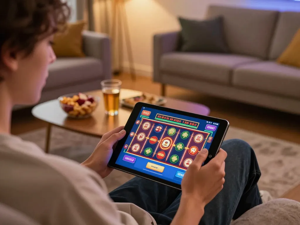 Playing casino games on a tablet at home, showcasing the online entertainment experience from https://ok904.com/.