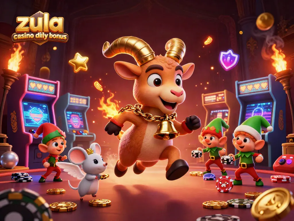 Zula casino daily bonus offers rewards as Krampus, an angel mouse, and gremlins engage in a chaotic gaming scene.