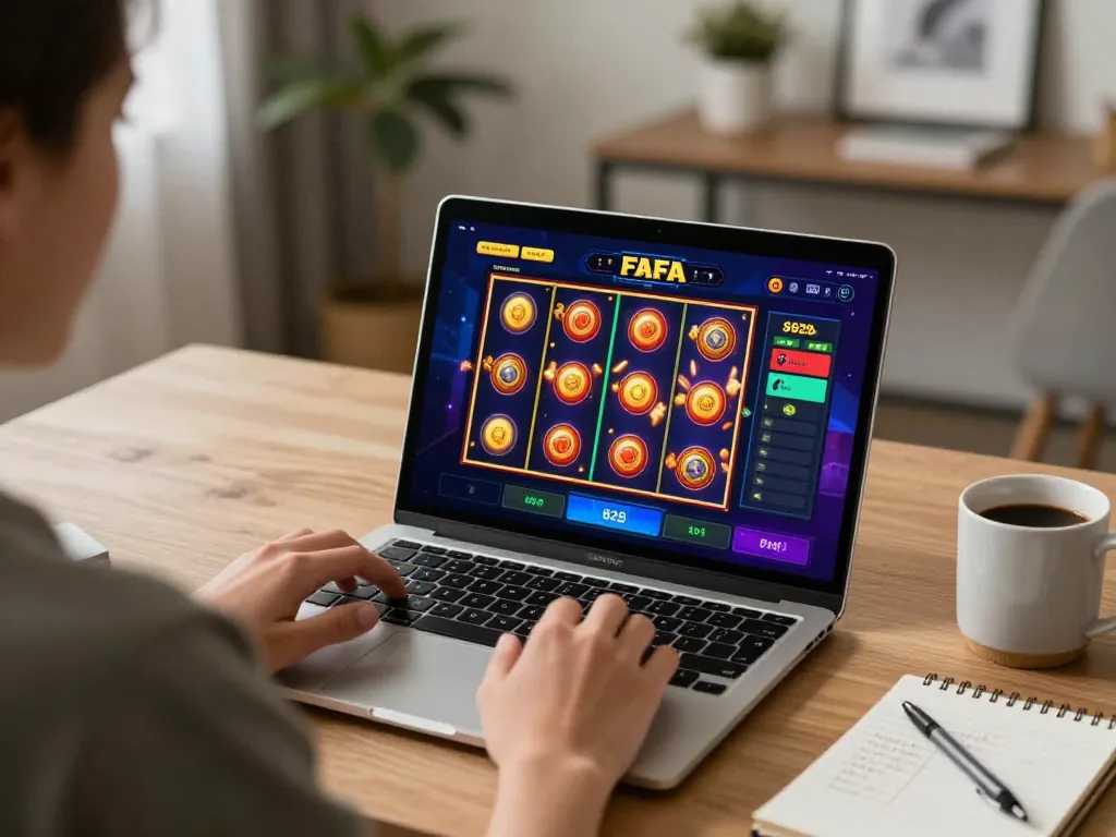 Playing FAFA 828 on a laptop in a cozy home setting, focused on online casino gaming.