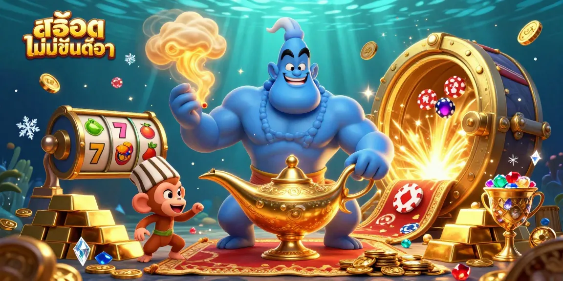 Engage with สล็อตไม่มีขั้นต่ำ through a vibrant 3D casino scene featuring a blue genie, treasures, and slot game elements.