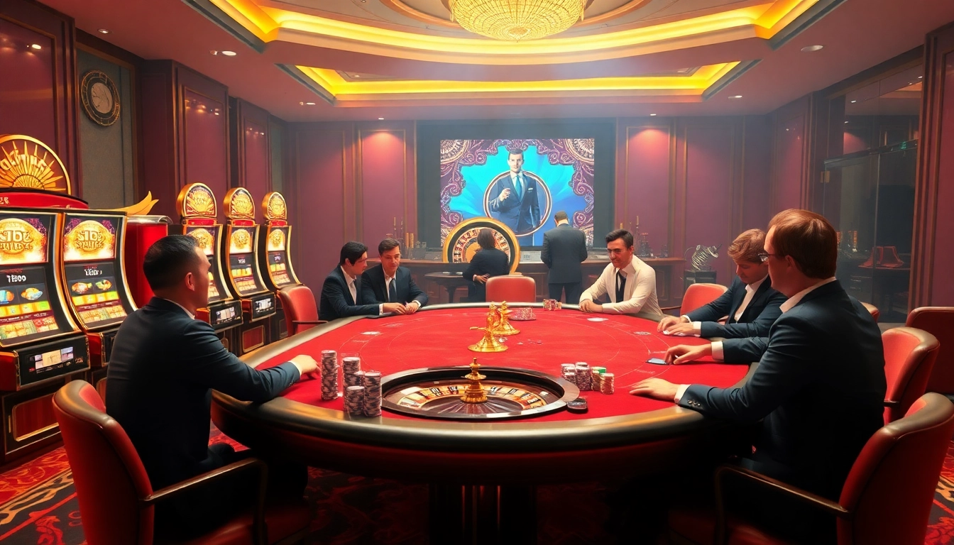 Une scène vibrante de luxe casino en ligne argent réel avec des joueurs de poker, des jetons colorés et une roue de roulette en rotation.