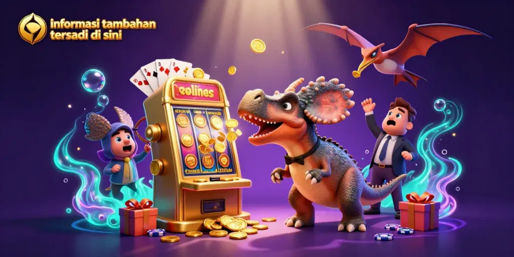 Melihat informasi tambahan tersedia di sini saat dinosauria beraksi di mesin slot emas yang memuntahkan koin jackpot.