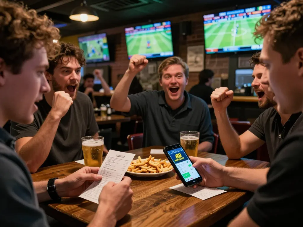 Betting on fly 88 in a vibrant sports pub, capturing excitement with patrons cheering.