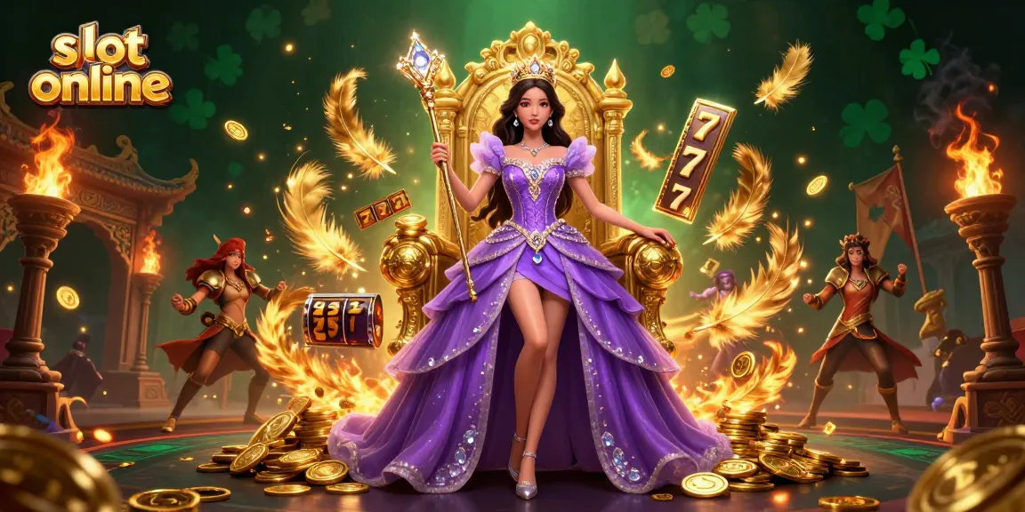 Play slot online with exciting reels and jackpot symbols in a vibrant casino scene.