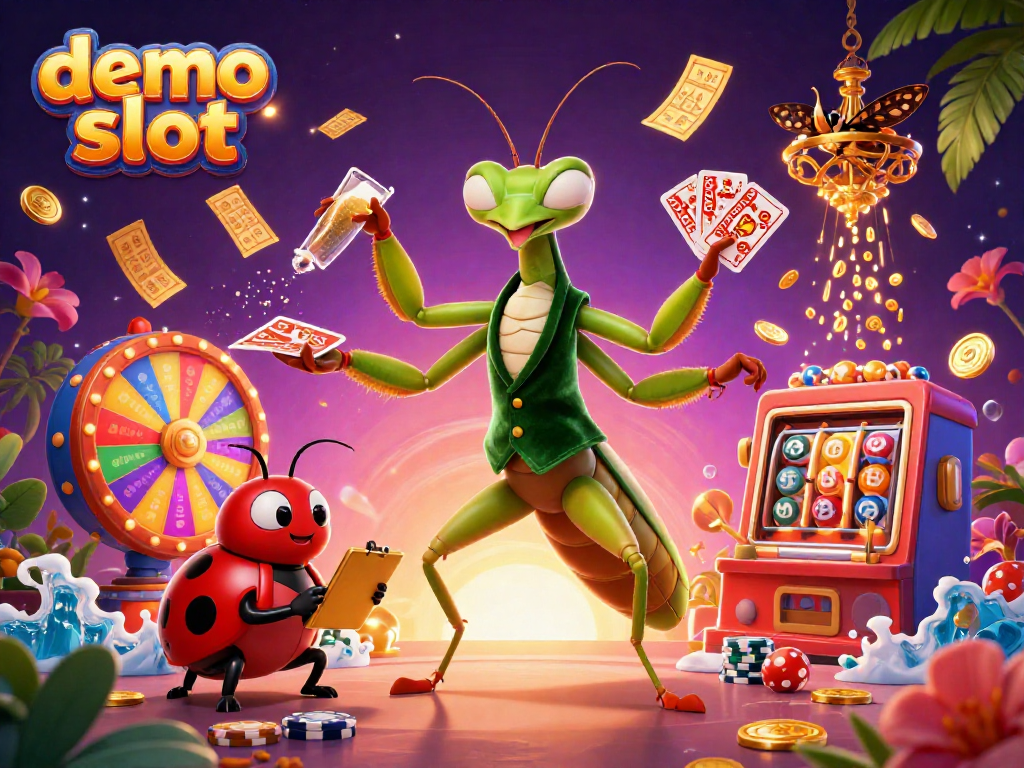 Demo slot menampilkan raja kartu berdoa dan pengawal pit boss di kasino online yang berwarna-warni.
