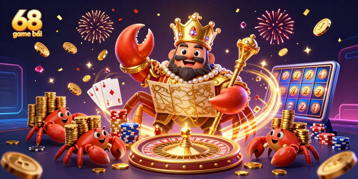 Experience the excitement of 68 game bài with a golden crab emperor amid sparkling casino elements.