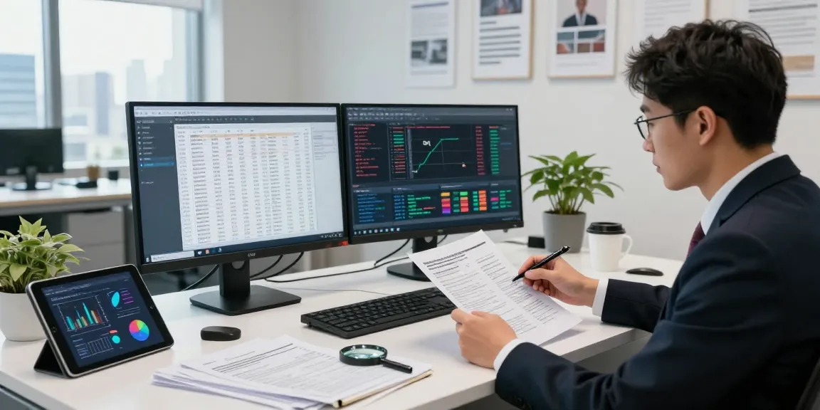 Professional office scene showing asset tracing with forensic accountant analyzing financial data on dual monitors.