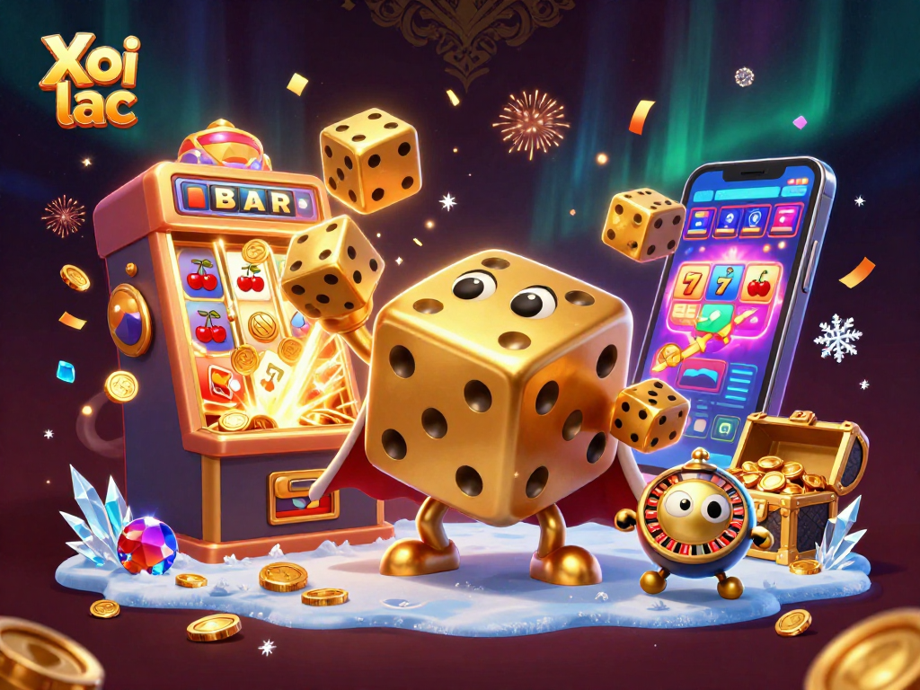 Xoi lac dynamic 3D casino scene featuring a golden dice golem and jackpot elements.