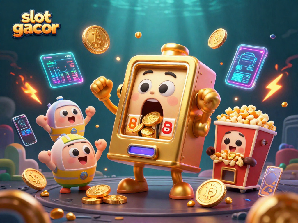 Slot gacor menang besar dengan mesin slot dan koin emas berhamburan.