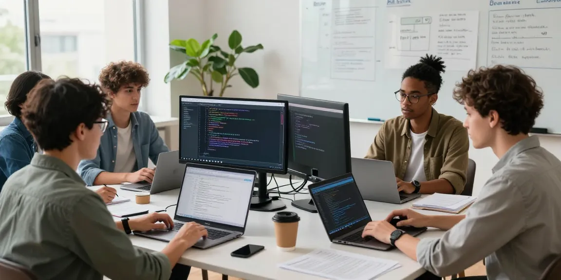 Collaborative tech workspace showing telegram中文版 interface on monitors with a team engaged in strategy.