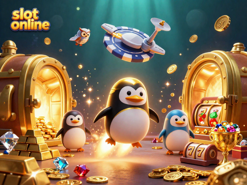 Experience the thrill of slot online with a dazzling illustration of a golden penguin soaring towards a casino space station.