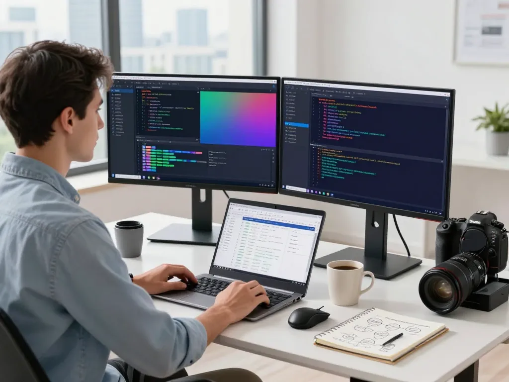 Developer using OpenClaw in a modern workspace with coding tools and collaborative software.