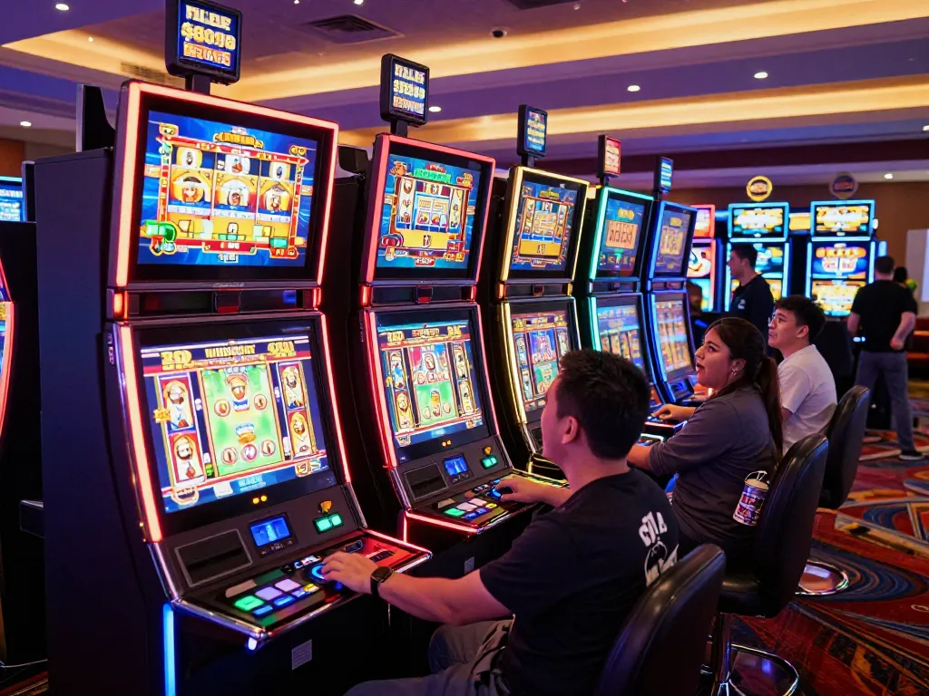 Players engaging with thrilling slot gacor machines amidst vibrant neon lights in a bustling casino