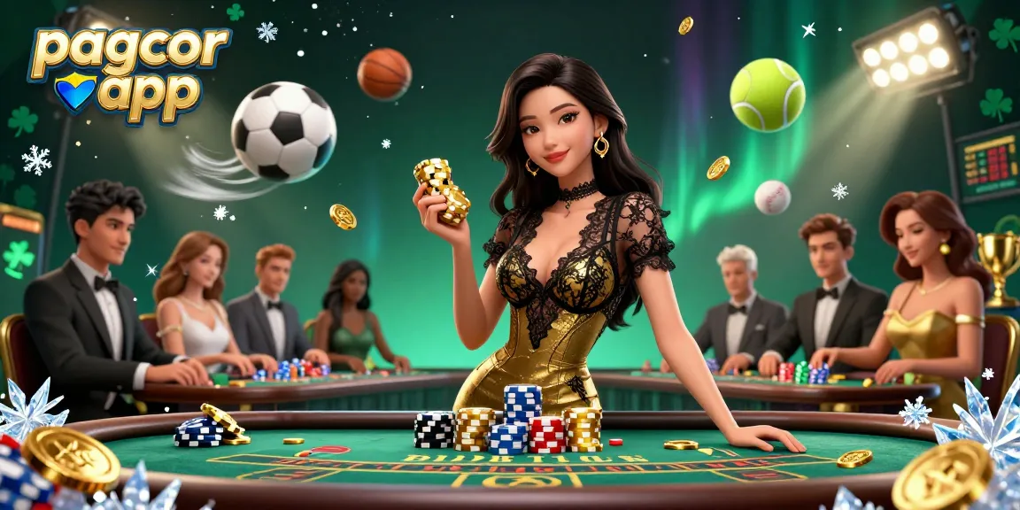 PAGCOR app illustration showcasing a beautiful Asian woman at a baccarat table with golden casino chips, energetic gaming environment.