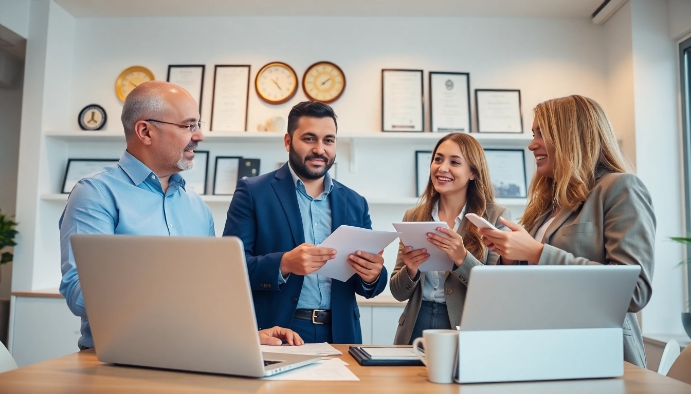 Expert led warranty company team collaborating in a bright office environment focused on developing solutions.