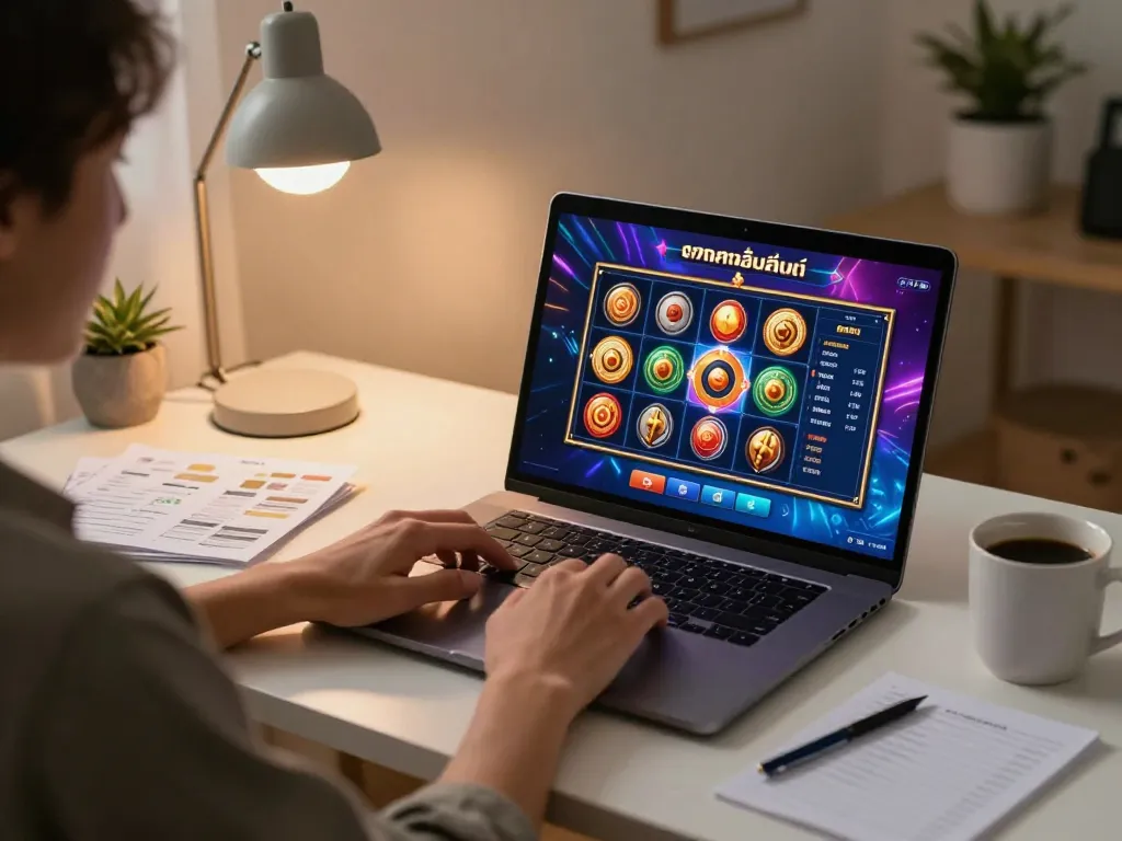 Engage in ทดลองเล่นสล็อต with exciting online slot gameplay interface at a modern home workstation