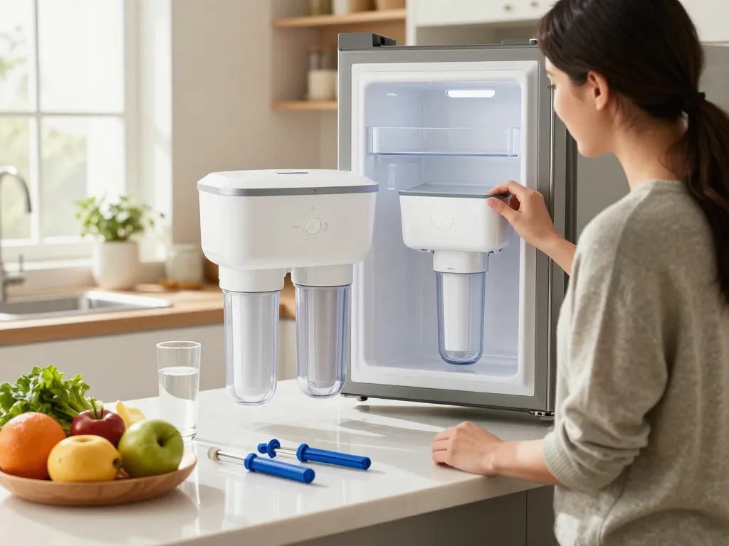 AQUA CREST AQF-FF13 Replacement for GE® SmartWater® MWF® being examined in a bright kitchen with fresh vegetables and a glass of purified water.