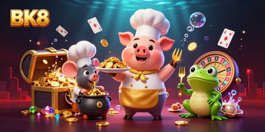 Experience the thrill of BK8 with a whimsical casino scene featuring chefs and vibrant game elements.