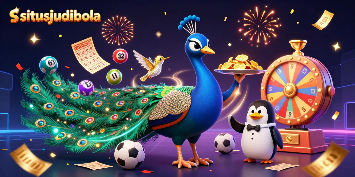 Situsjudibola showcases a vibrant scene with sports balls, betting slips, and an energetic display of characters in a celebratory environment.
