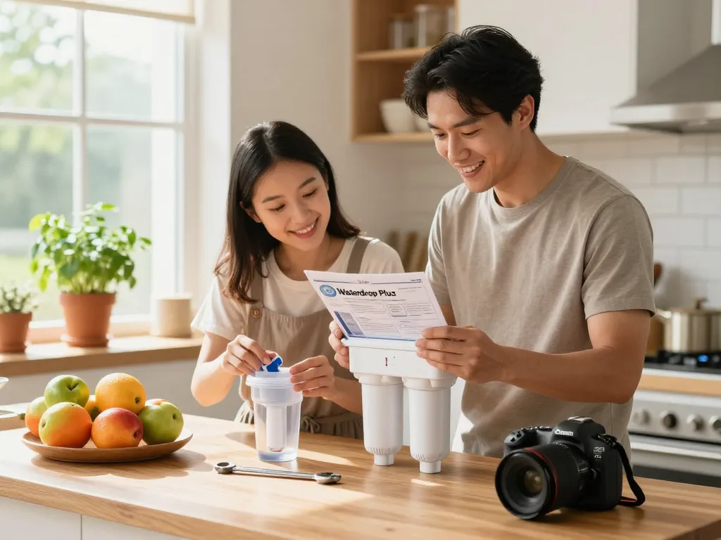 Installing Waterdrop Plus XWF Replacement for GE® XWF filter in a bright kitchen with a family collaborating on the task.