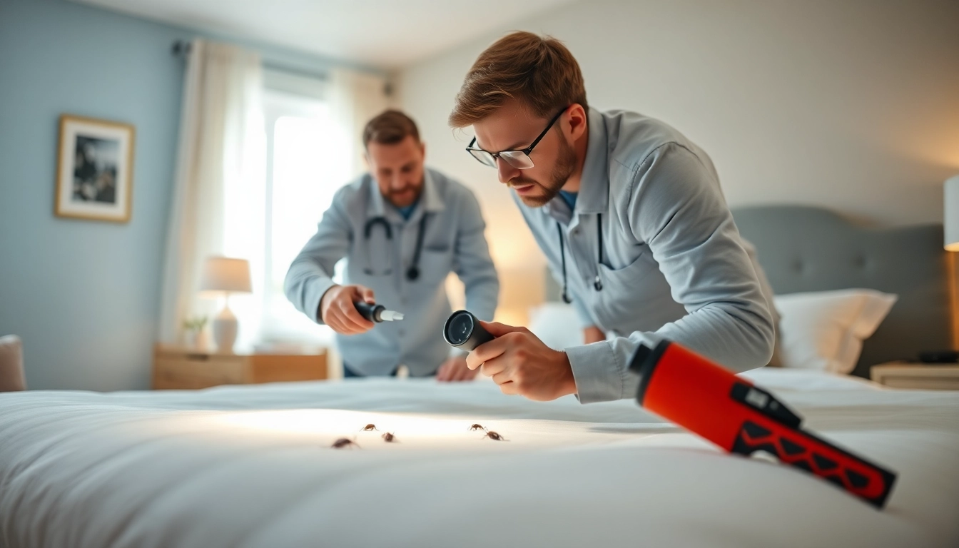 Bed bug extermination near me with a professional technician inspecting a bedroom for pests
