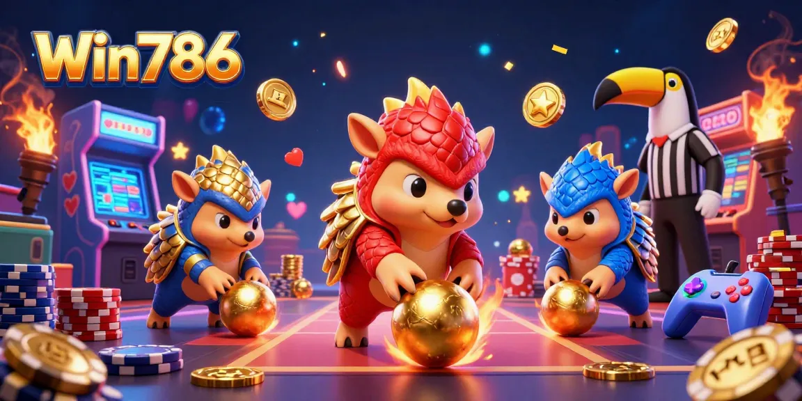 Win786 pangolins bowling through poker chips in a vibrant casino scene.