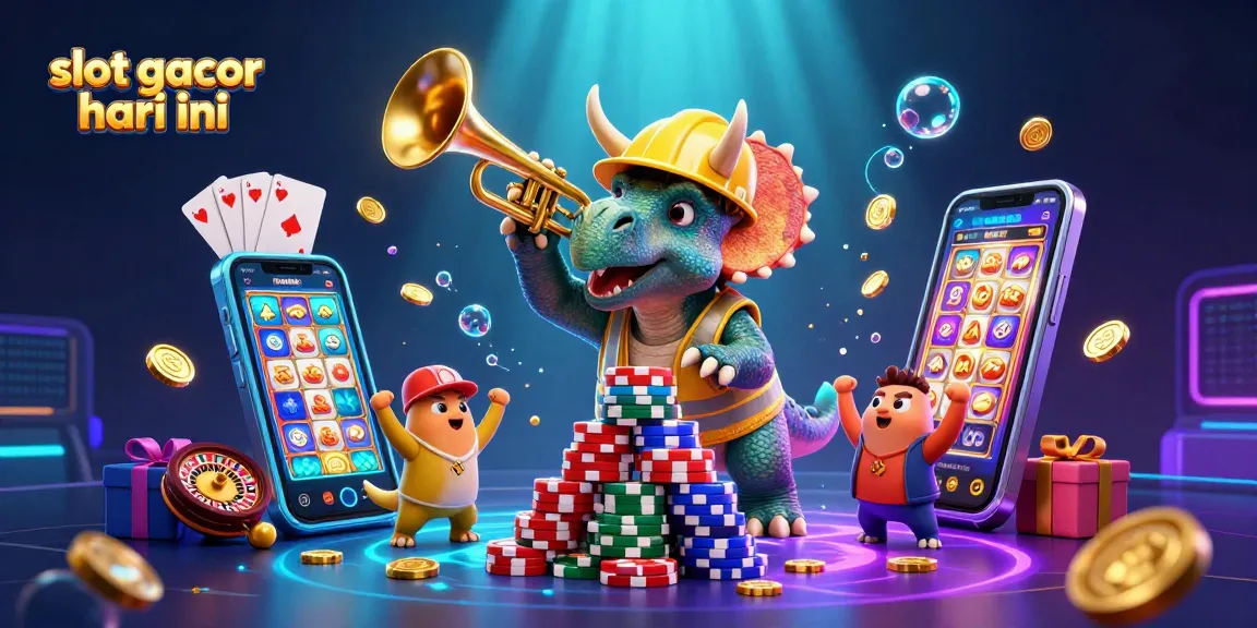 Permainan slot gacor hari ini menampilkan triceratops mendorong chip poker dengan semangat.
