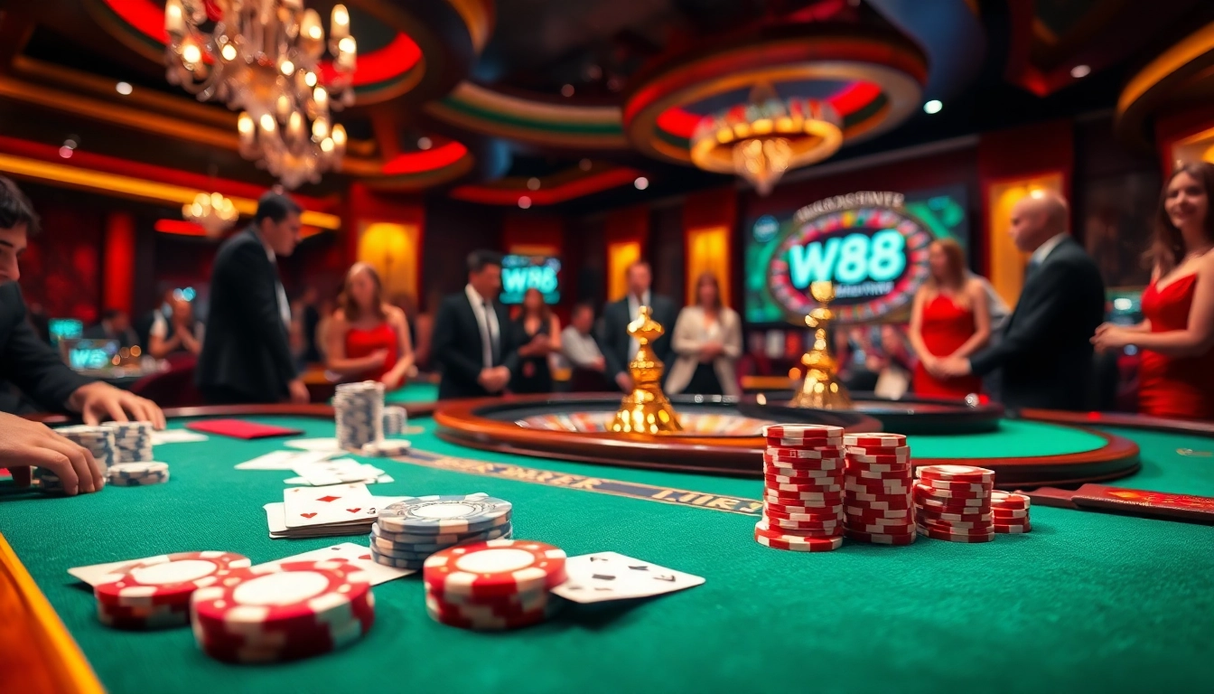 Excited gamblers at a luxurious table in casino setting; featuring the w88 link for online betting.