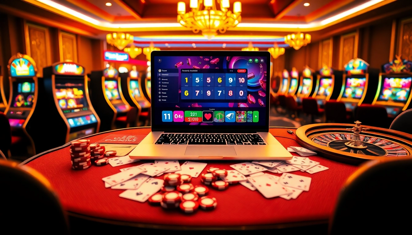 Expérience de jeu immersive présentant un casino en ligne argent réel avec des machines à sous numériques dynamiques et des éléments de poker.