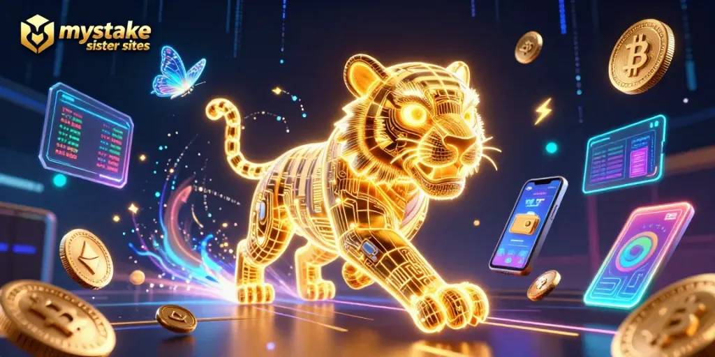 Experience the vibrant world of mystake sister sites with a neon-wireframe tiger amidst crypto coins.