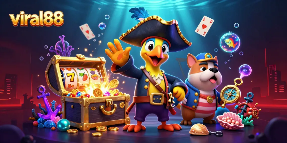 Experience the excitement of viral88 with animated characters spinning slots and treasure amidst vibrant casino graphics.