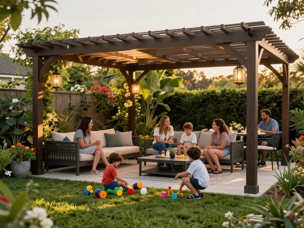 3D pergola configurator in action with a family enjoying an outdoor space
